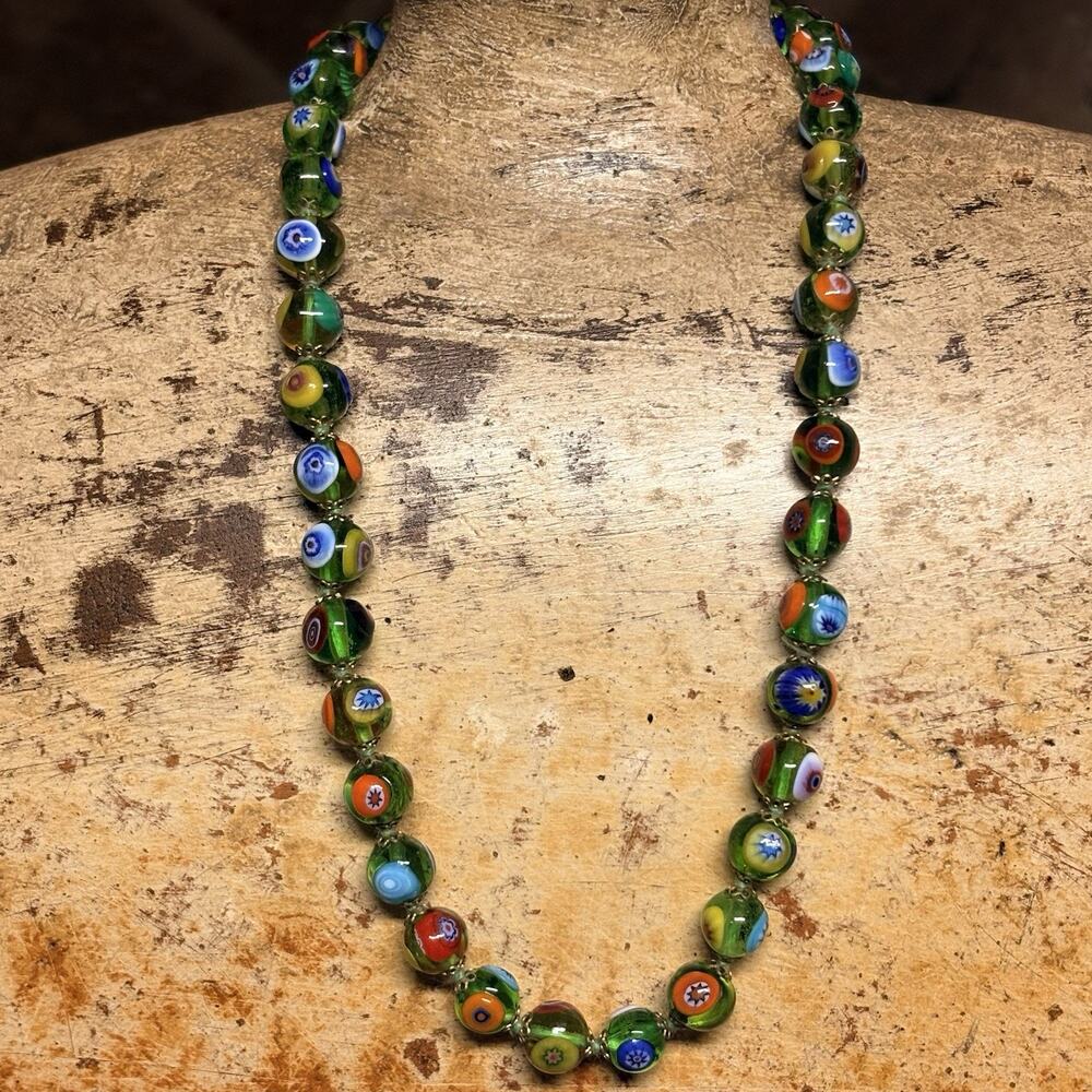 Milefiori Necklace Green Glass Beads w/ Colorful Flowers Vintage 1970's 15.5 In.